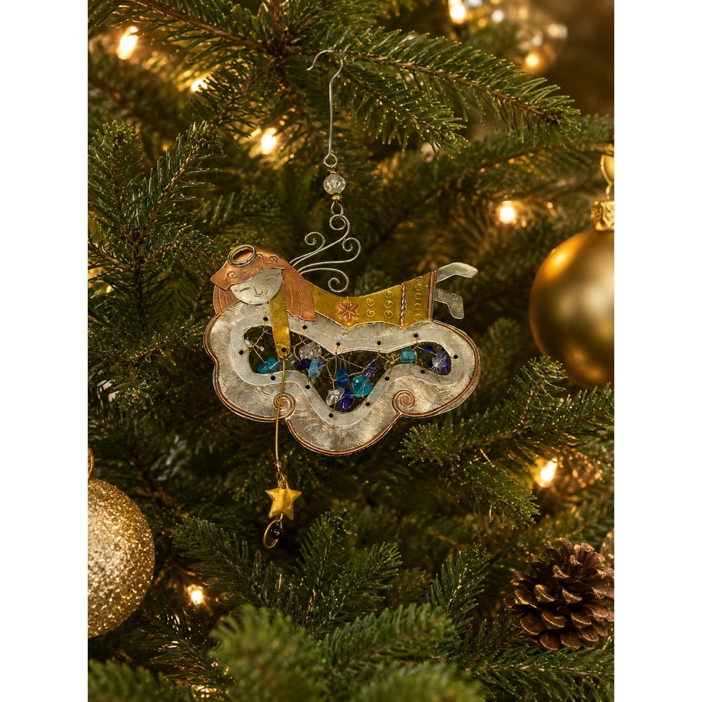 Vtg Chico's Mixed Metal Beads Angel In Cloud Catching Star Christmas Ornament